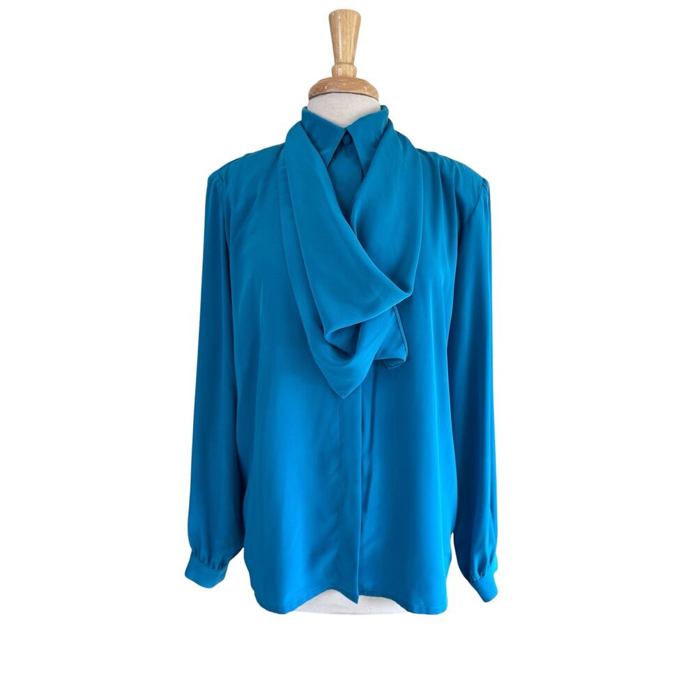 Vintage 80s Teal Blue Slinky Polyester Button Up Blouse Size 14 OLEG CASSINI